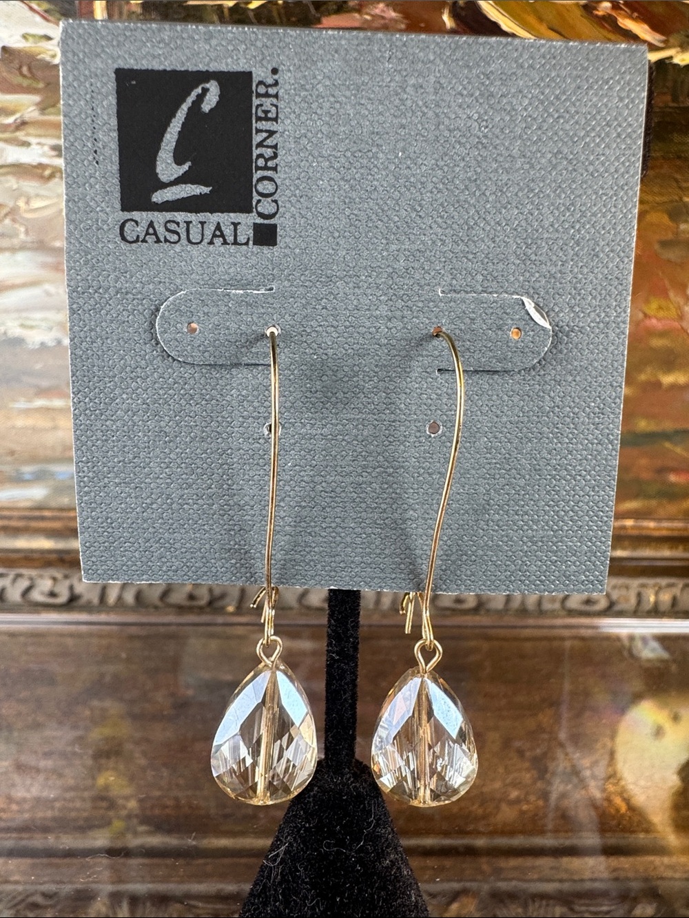0509-Casual Corner Gold-Tone Earrings with champagne, color Teardrop Crystals